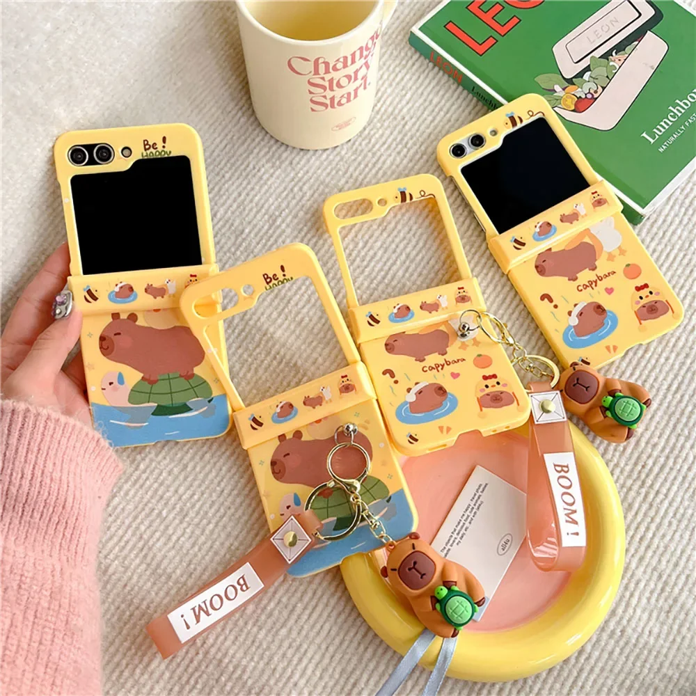 Bubble Hot Spring Capybaras With Lanyardd Phone Case for Samsung Galaxy Z Flip 3 4 5 Z Flip 6 5G PC Hard Anti-fall Back Cover