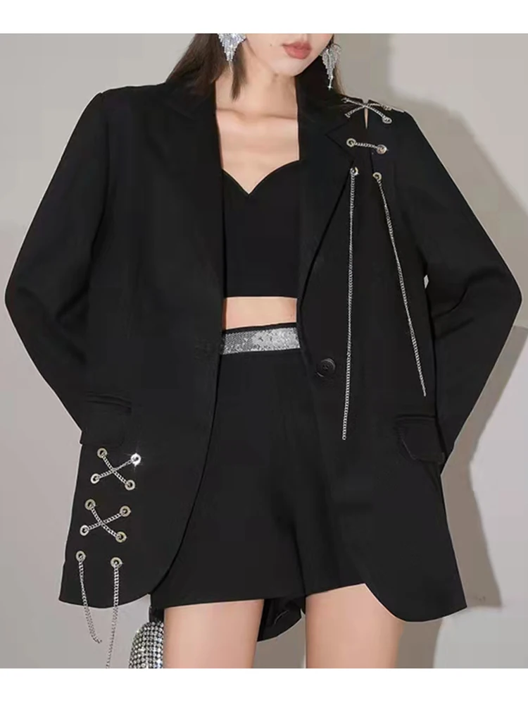 Women Black Chain Buckle Big Size Blazer New Lapel Long Sleeve Loose Fit Jacket Fashion Spring Autumn