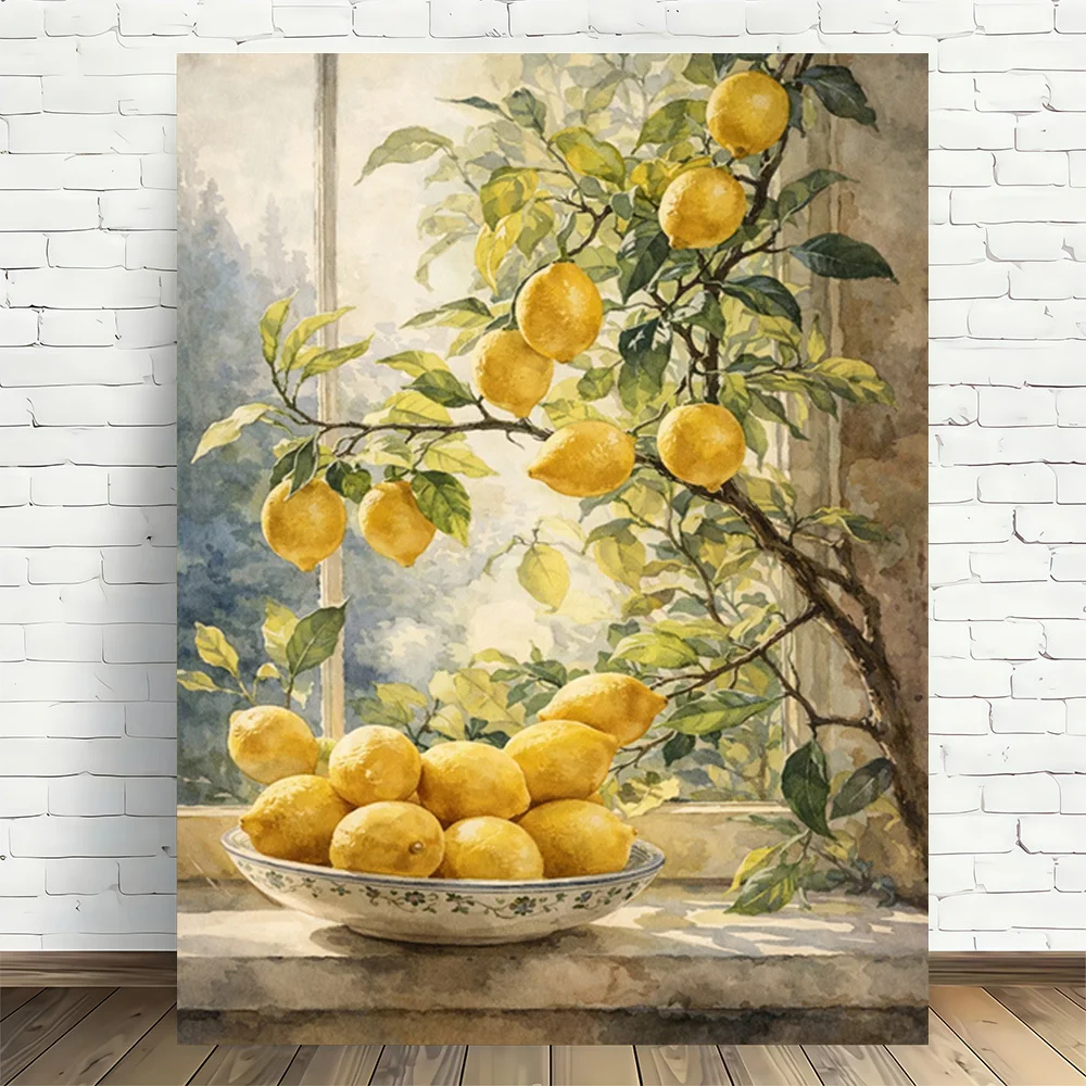 2D Flat A Single Piece of Modern Retro Canvas Wall Art Featuring a Lemon Branch in a 2D Flat Design, Perfect for Enhancing The E