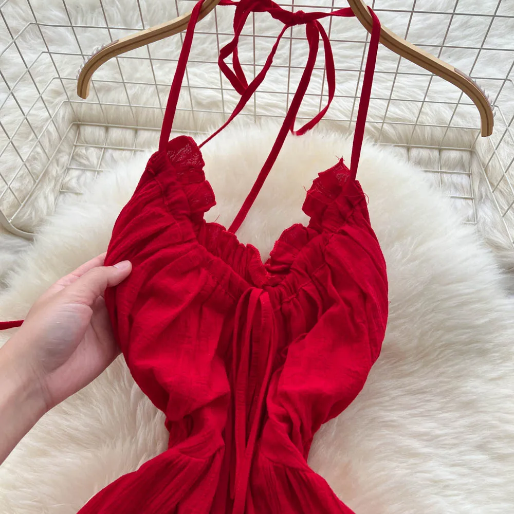 Chic vintage backless halter senza maniche Elegante fata moda coreana Boho Sundress abbigliamento donna