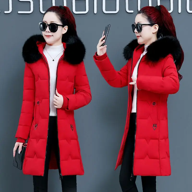 

Fashion Fur Collar Hooded Down Cotton Coat Womens Winter Parkas Jacket Mid Length Warm Snow Wear Outwear Female N155