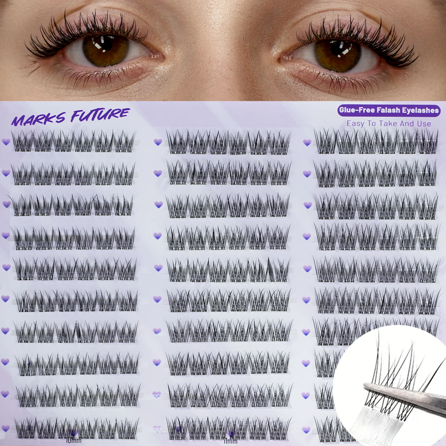 Self-Adhesive Eyelashes, 180 Pieces of Self-Adhesive Eyelash Clusters, Natural Appearance, 10-12 mm Mixed Individual Eyelash Extensions, Super Sticky, with Tweezers, Suitable for Beginners