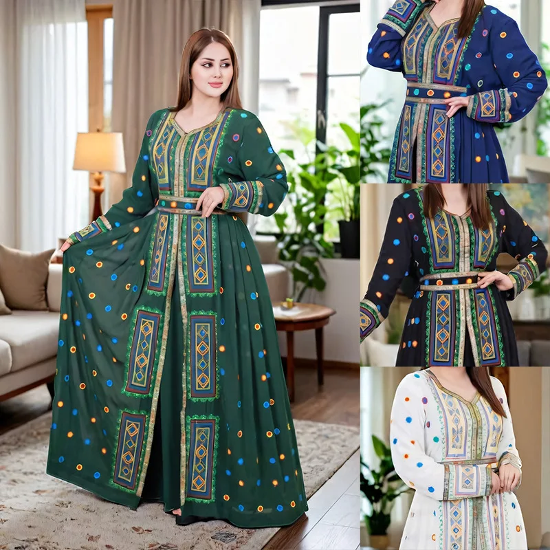 UNI 2025 Ramadan Muslim Women Print Maxi Dress Kaftan Dubai Abaya Turkey Caftan Arabic Robe Islam Clothing Marocain Gown