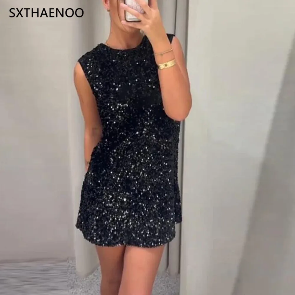 

SXTHAENOO Women Straight Bow Tie Sleeveless A-line Mini Dress Fashion Bead Rear Lace-Up Party Sequin Dress for Women Vestidos