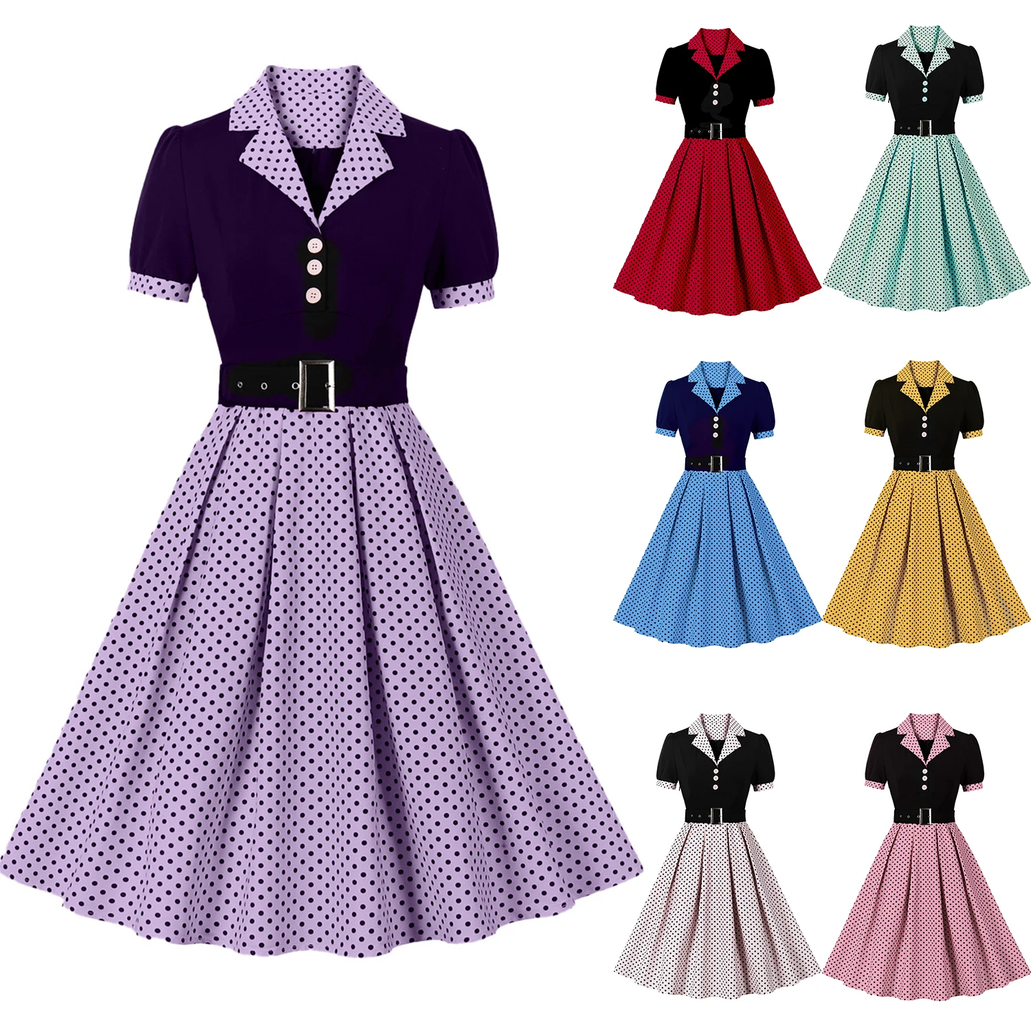 

Women's Vintage Turndown Collar Pokla Dots Belt Plus Size A Line Dress Hepburn Style Retro Party Swing 1950s Dresses