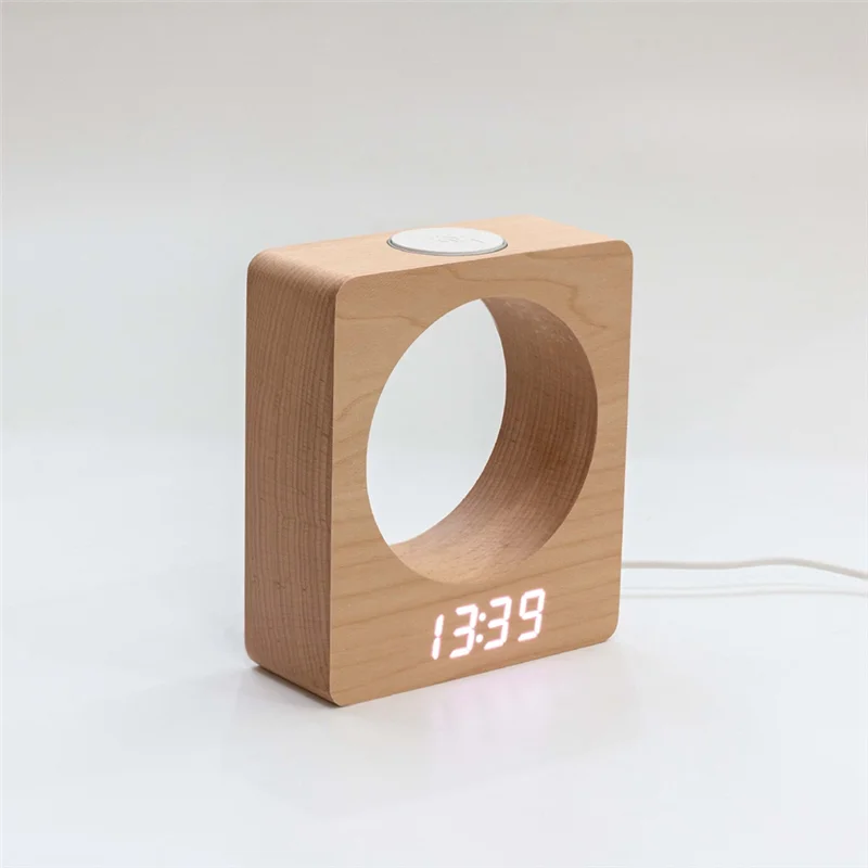 Digital Wooden LED Alarm Clock Made of Solidwood with Night Light 3 Alarm Settings Temperature Detect for Bedroom HY
