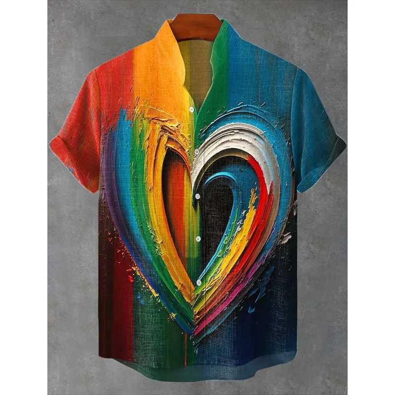 Men's Colorful Love Print Casual Shirt Harajuku Summer Hipster Button Down Shirts Pigment Art Holiday Hip Hop Streetwear Shirt