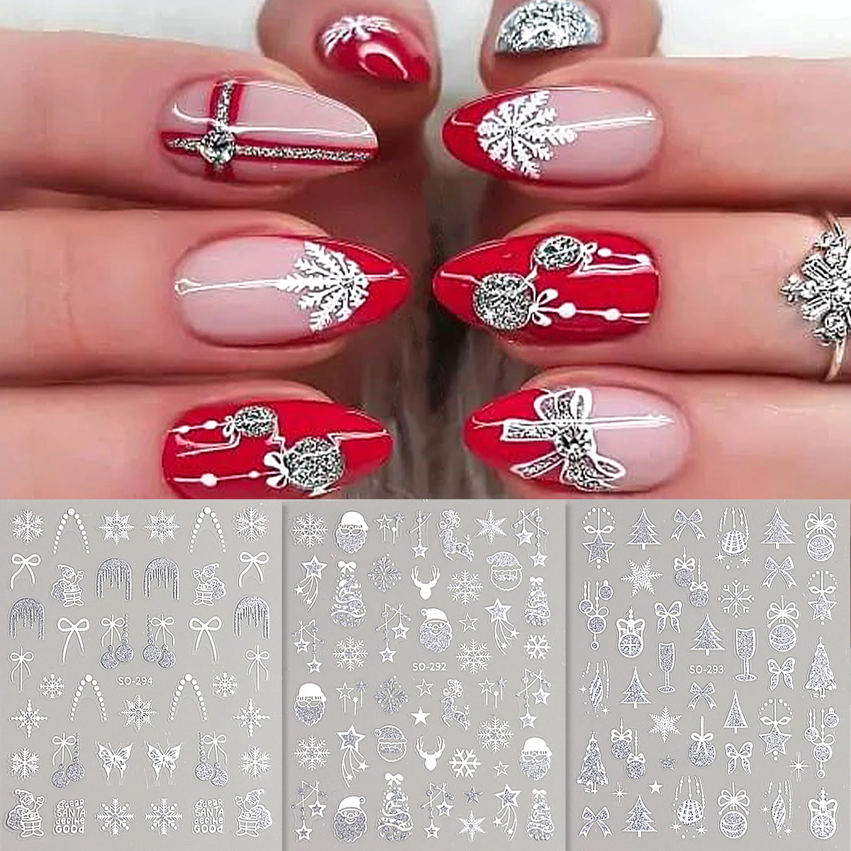 Christmas Line Nail Stickers, Silver Red Snowflake Bow Santa Claus Tree Elk Gift Self-Adhesive Thin Line Nail Art Decorations