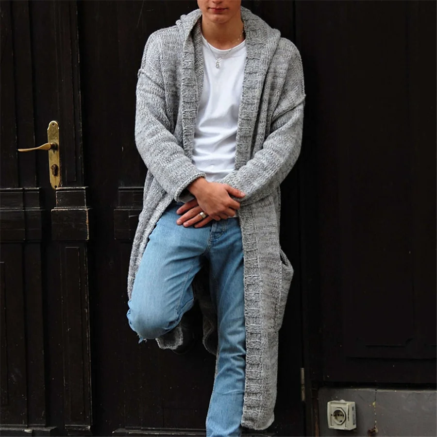 Gray Men's Knitted Cardigan Fashion Long Sweaters Male Casual Long Sleeve Outerwear Autumn Winter Warm Hoodie Loose Streetwear