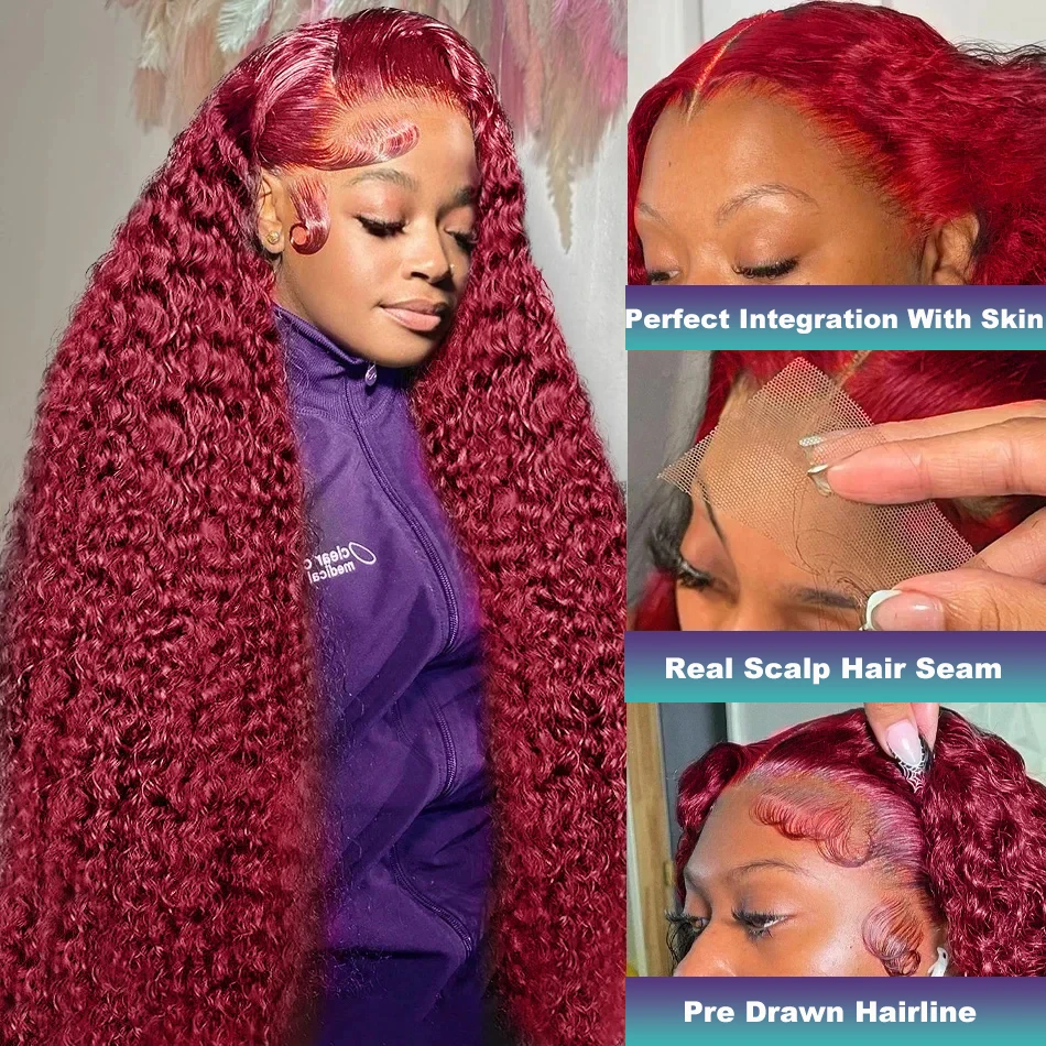 Perruque Lace Front Wig Deep Wave Brésilienne Naturelle, Cheveux Bouclés, Couleur Bordeaux 99J, 13x4 HD, Pre-Plucked