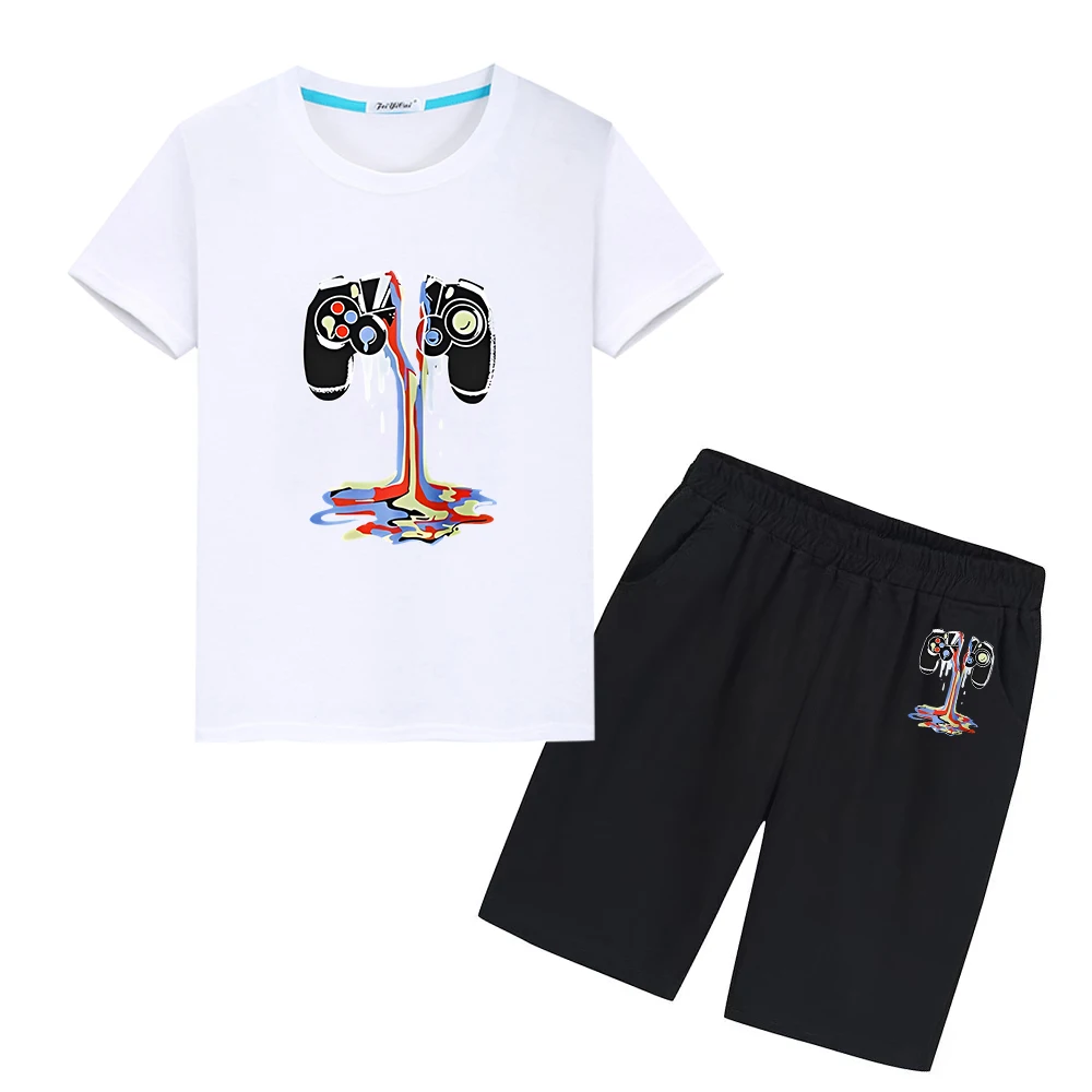 

gamepad printing boys girls Sports Sets 100%Cotton Cute T-shirt Tops+shorts Summer Tees Kawaii Tshirts kids boutique clothes