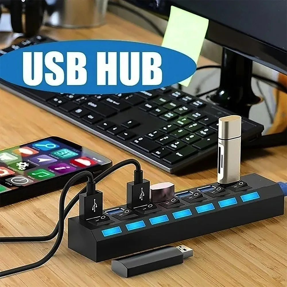 4-Port/7-Port USB To USB 2.0 Ultra-Mini Hub Adapter Hub Power On/Off Switch For PC Laptop Computer Extension Cable Multiple Port