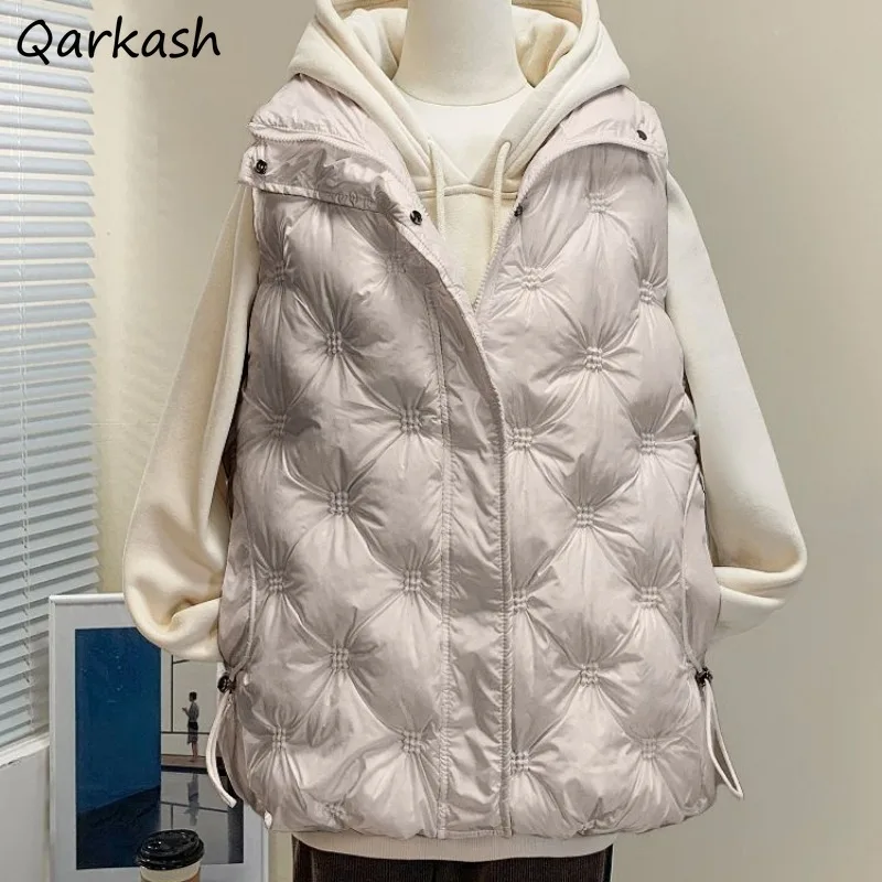 Stand Collar Parkas Women Sleeveless Winter Warm Trendy Korean-style Solid Simple Office Ladies Leisure New All-match Argyle