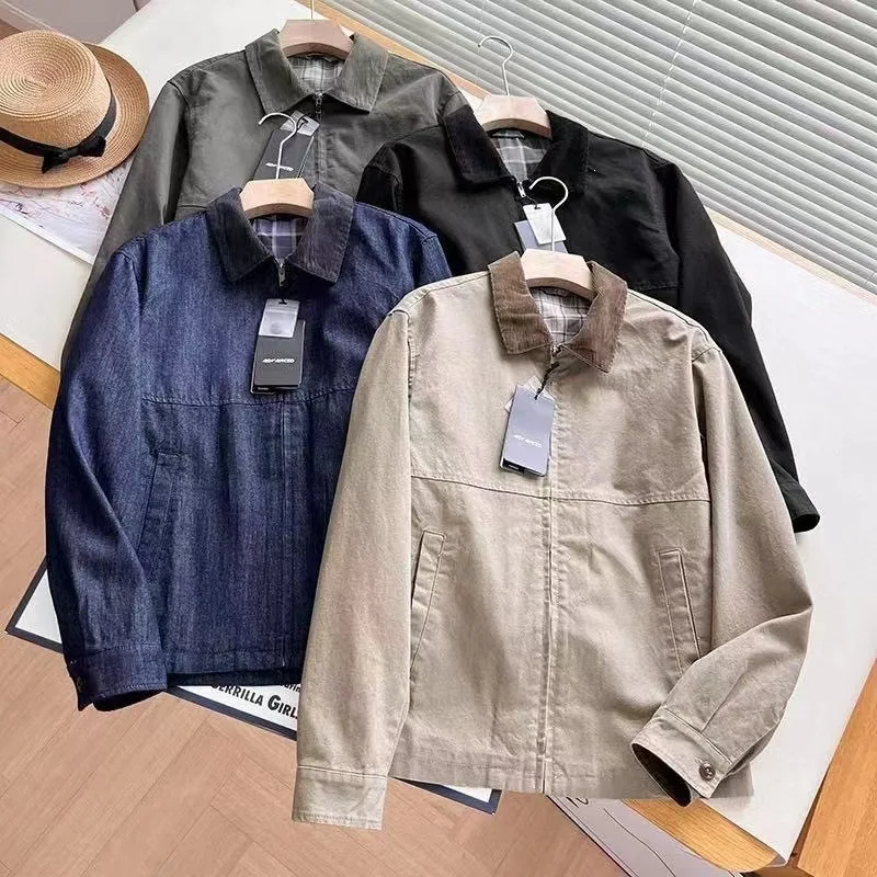 Men's Japanese‑Inspired Zip‑Up Short Outerwear, Barn‑Style Lapel Collar Loose Fit Workwear Jacket for Spring Autumn Casual Wear