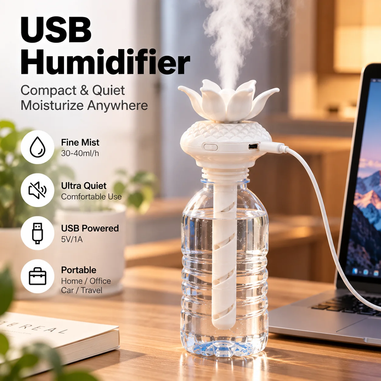 Portable USB Humidifier Adjustable Length Mini Quiet Mist Humidifier for Office Bedroom Car Travel Bottle Cup Air Humidifier 5V