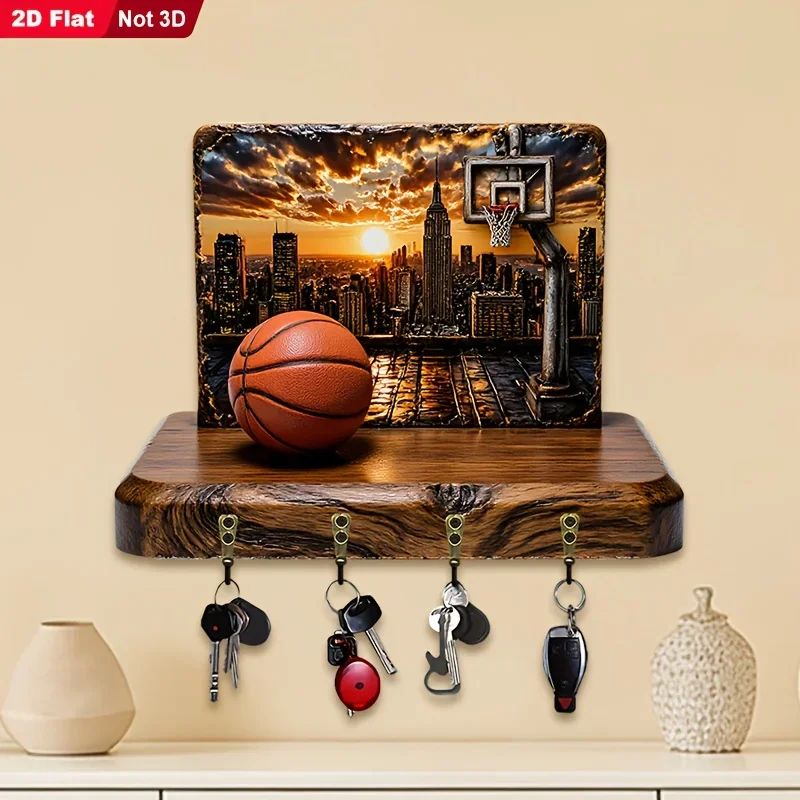 2D Flat, 1pc, Basketball City Theme Key Hook, Wooden Multifunctional Home Key Rack, with Four Metal Hooks, Wall Decoration,