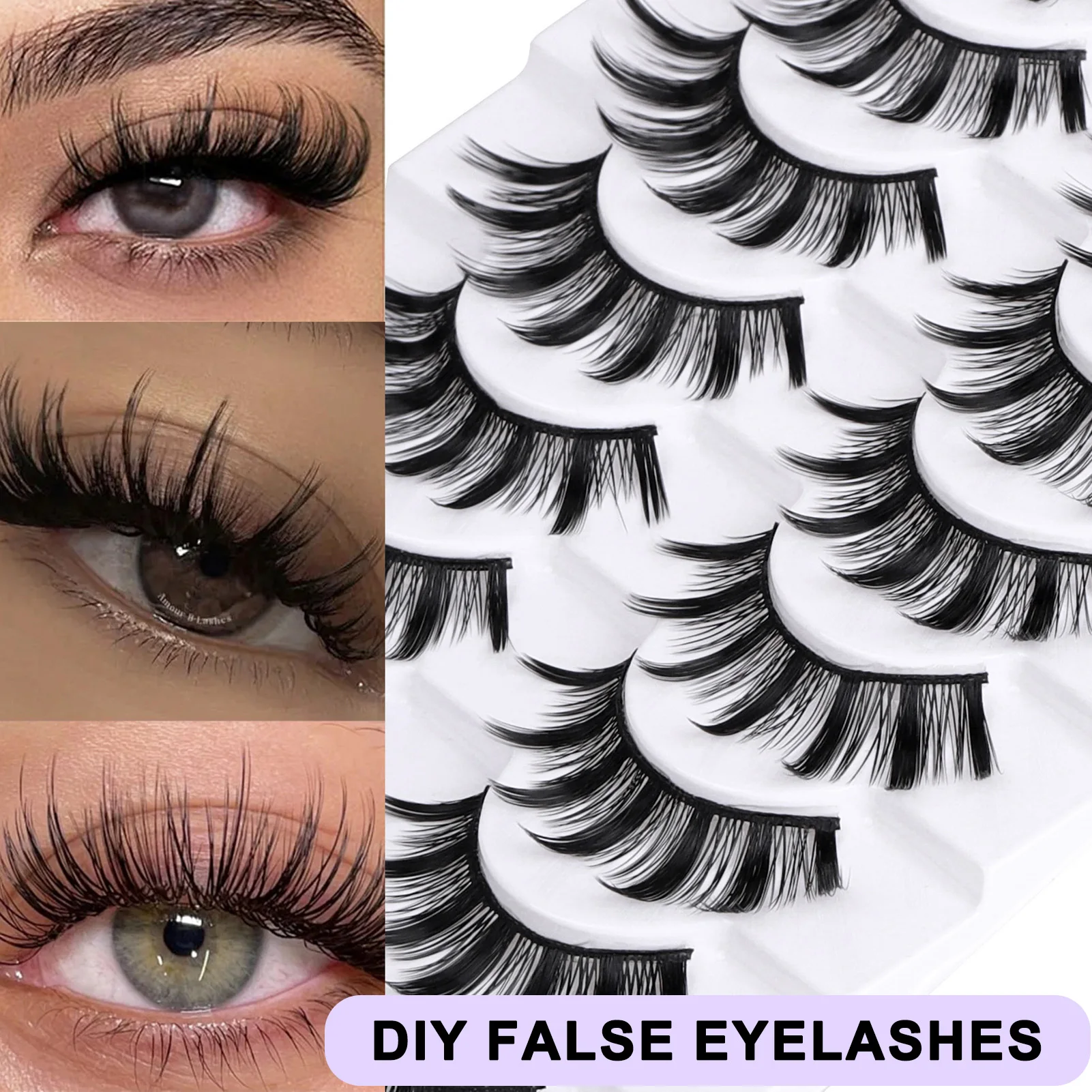 3D Natural Volume False Eyelashes Dense Fluffy 10 Pairs Black Fiber Full Strip European Lashes Mixed Length for Stage Makeup