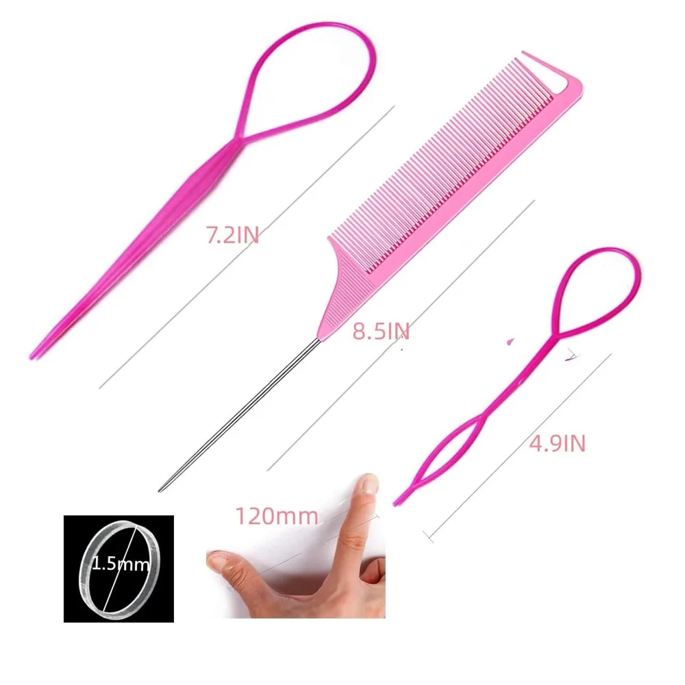 1000Pcs Soft Small Hair Elastics for Women and Girls with 2 Topsy Tail Tools and 1 Rat Tail Comb Pink Hair Bands Set
