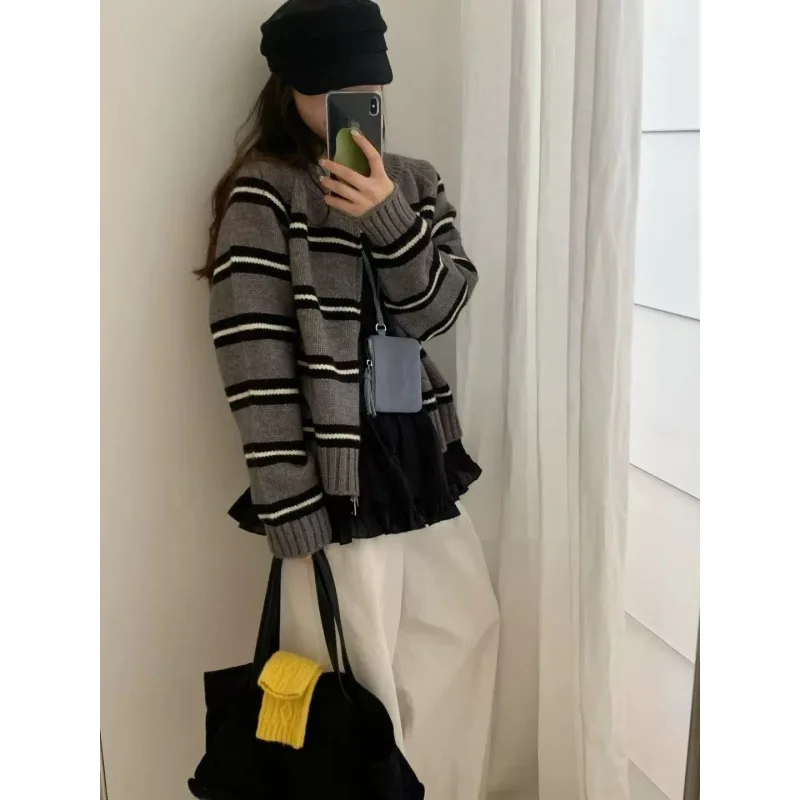 Cárdigan a rayas con cremallera para niña, suéter de estilo pijo, abrigo de punto de viento perezoso, Tops sueltos, ropa interior femenina de invierno, venta al por mayor