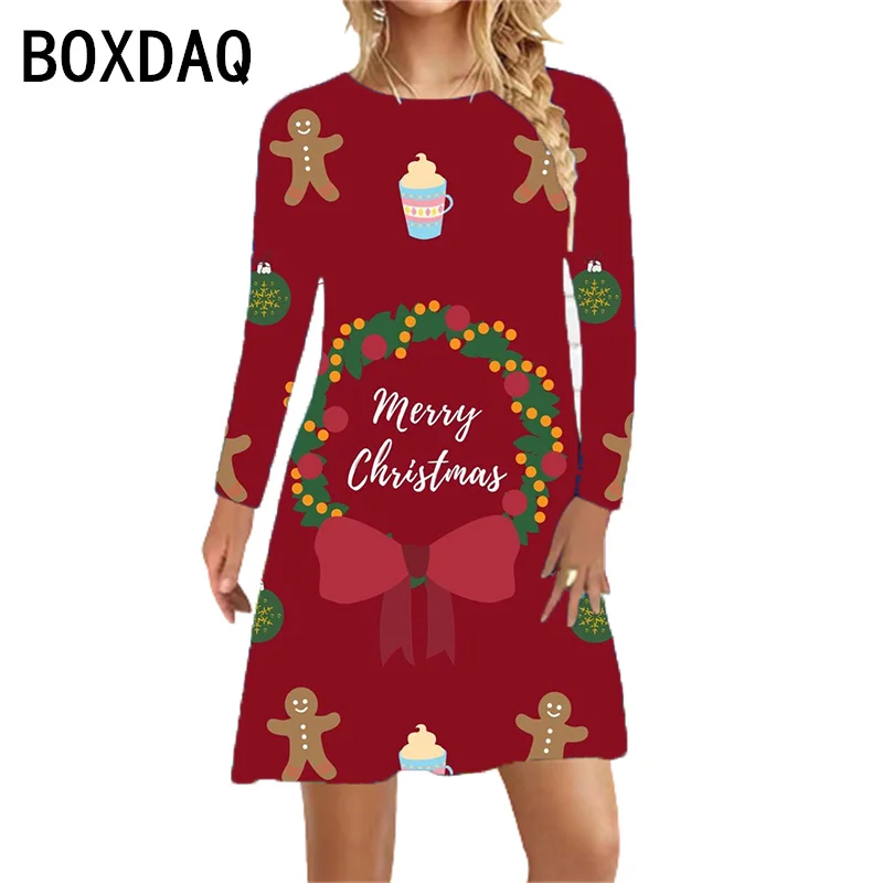 New Hot Sales Women Christmas Party Dress 3XL Big Size Autumn Long Sleeve O-Neck Causal A-line Dress 3D Santa Claus Print Dress