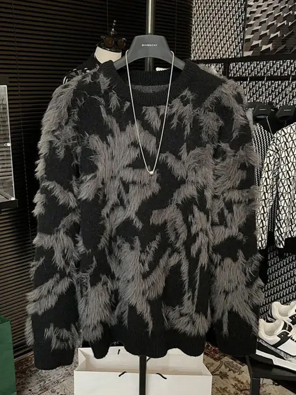 

Мужской свитер из мохера с бахромой, теплый, свободный, модный, вязаный, черный, из полиэфирного волокна, с длинными рукавами, круглый вырез