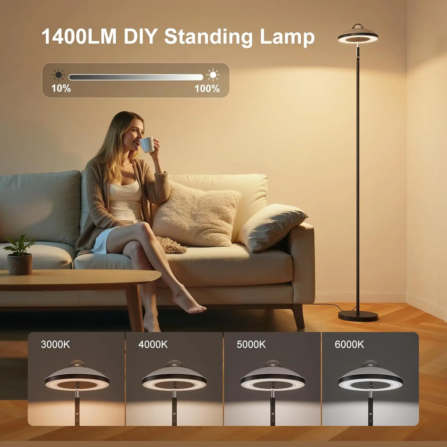 مصباح أرضي مع جهاز عرض RGB Star، 15 وات 1400 لومن قابل للتعتيم 4 درجات حرارة LED، جهاز تحكم عن بعد، زاوية سوداء حديثة La