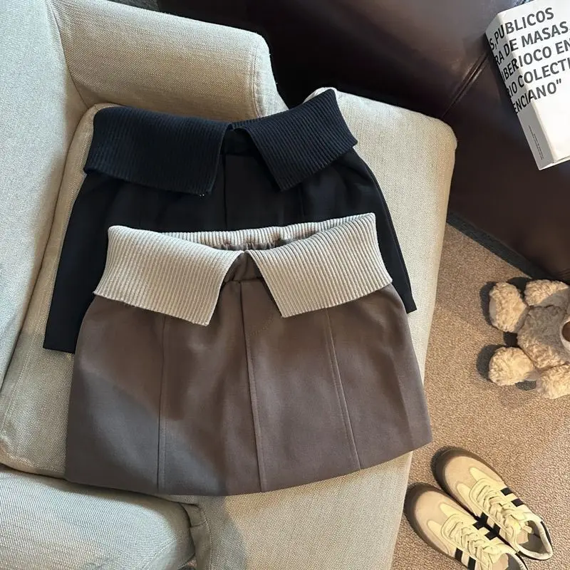 

Knitted Contrast Splicing Waist Woolen Black Skirt Юбка Jupe Faldas Mini Skirt Harajuku Korean Style Autumn Summer Vintage