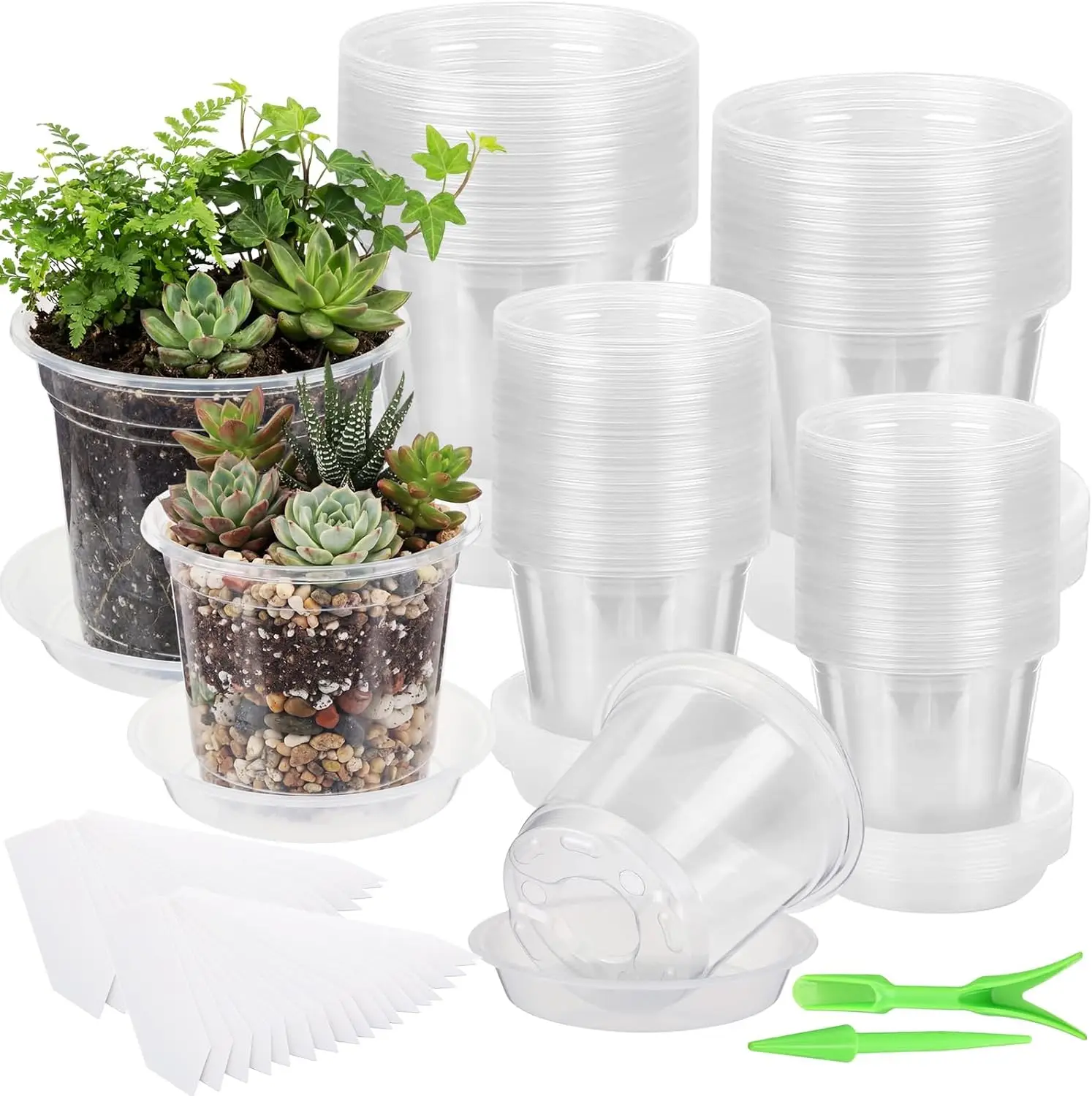

120 Pack 3.5/4/5 Inch Clear Nursery Pots with Drainage Holes and Saucers, Plastic Plants Pot Seed Starting Pots with 120