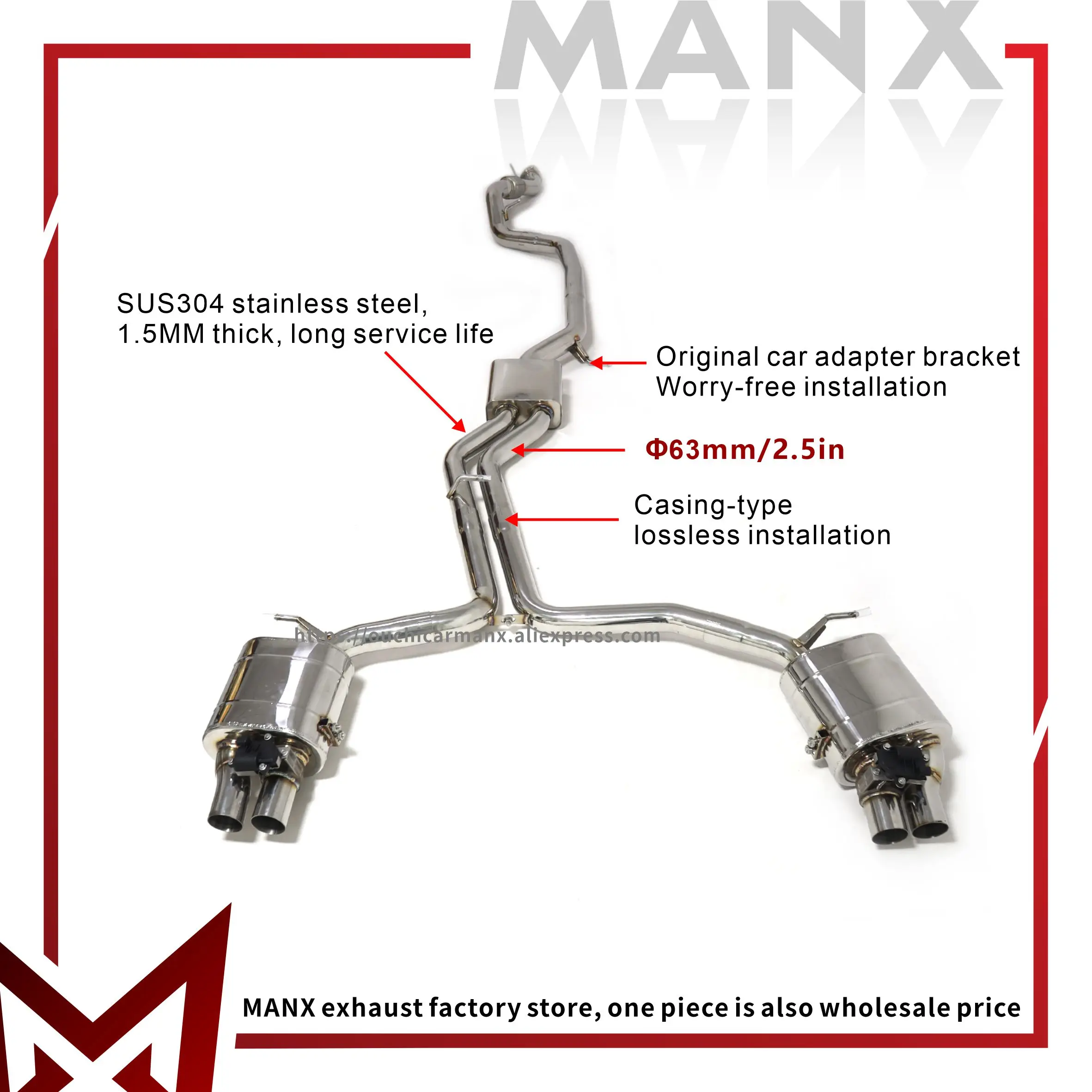 

MANX Resonant tube Catback for AUDI A6 A7 C8 2.0T Stainless steel Performance Exhaust pipe Muffler with remote control valve