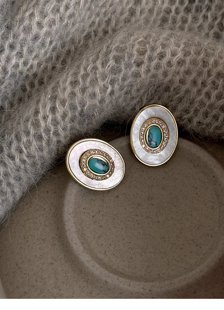 2026 Ovale Natürliche Muschel-Türkis-Ohrstecker für Damen Vintage Vergoldet Kubischer Zirkonia Böhmischer Eleganter Alltagsschmuck Geschenk – Detail 9