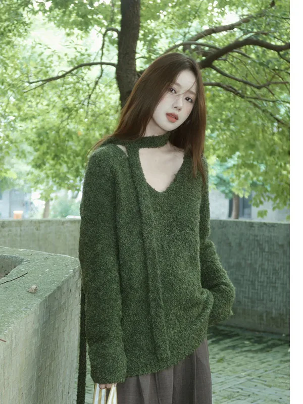 

Loose een V-Ne Long Sve Knitwear Women's Autumn Faionable Casual Sle Oversized Slimming Hooded Top