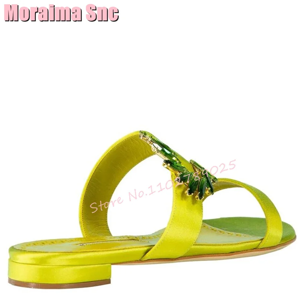 Green Rhinestone Satin Flat with Slippers Sexy Elegant Women Shoes Summer Slides Slip On Casual Outdoor Vocation Shoes New 2023