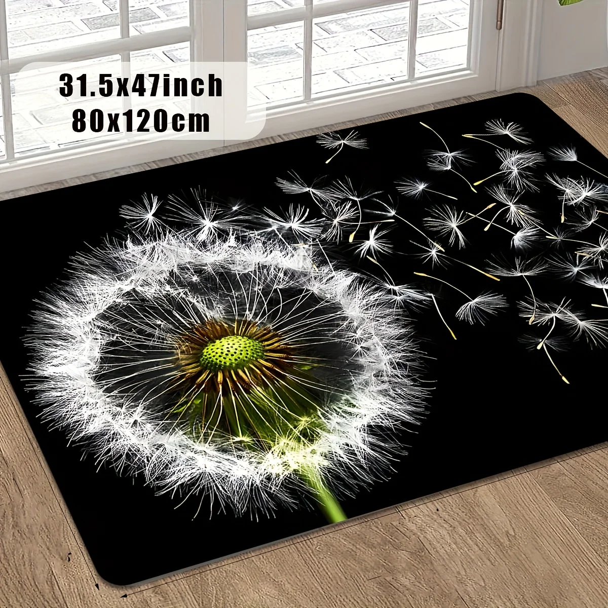 Dandelion Doormat - Black Floral Entry Rug, Wind Blown Seeds Floor Mat, Nature Decor, Non-Slip, Multiple Sizes