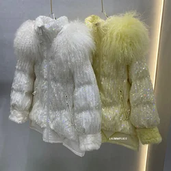 big Luxury Color sequins sheep Wool Fur collor short down jacket women thick loose straight zipper Puffer coat parkas