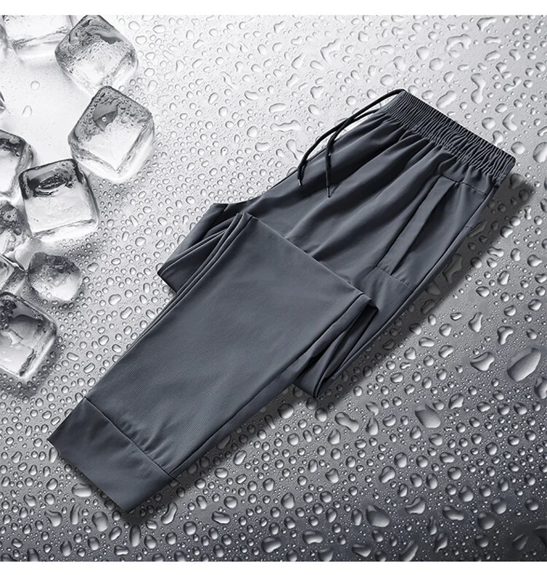 Casual Trendy Men's Solid Color Elastic Pockets for Spring Versatile Slim Fit Ice Silk Breathable Bond Feel Sports Casual Pants