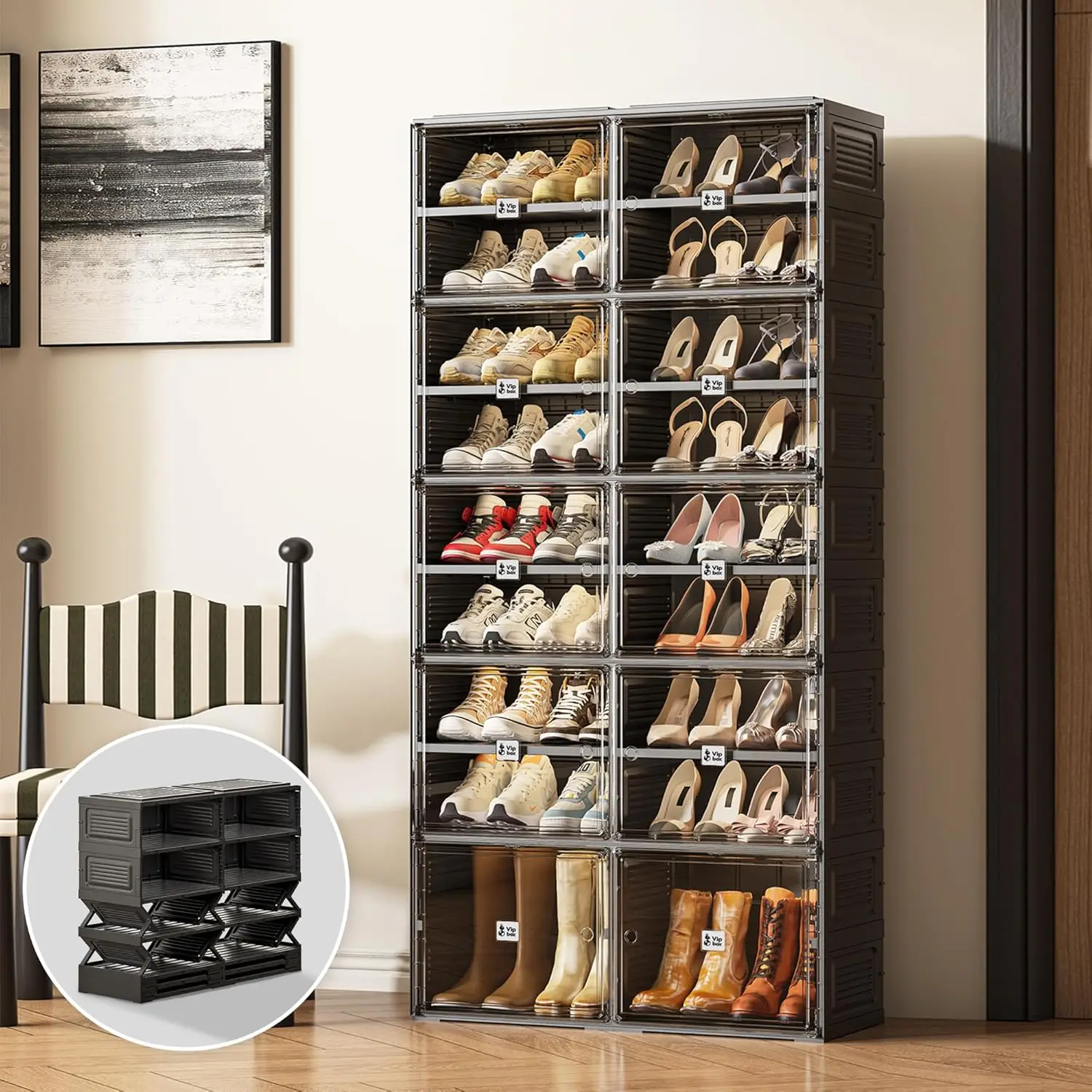 Black Shoe Rack Organizer Cabinet For Closet Entryway,Clear Shoe Storage Boxes Stackable Sneaker Storage With Door Easy