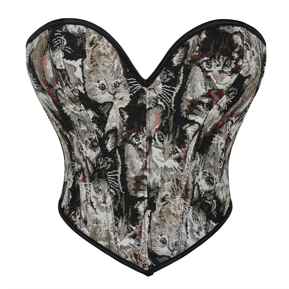 

Women Gray Cute Cat Pattern Print Overbust Corsets Sexy Lingerie Body Shaper Strapless Bustiers Crop Tops