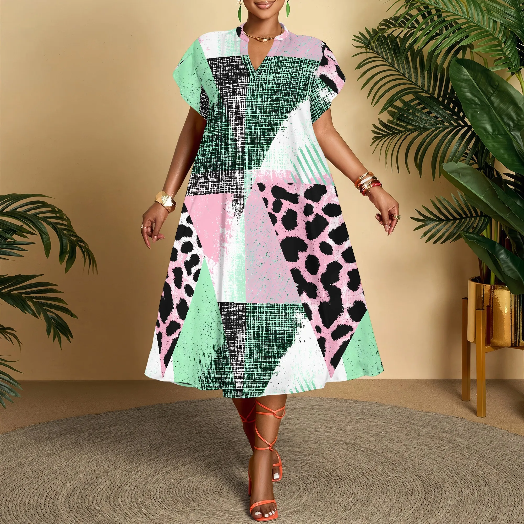 V-Neck Dress, Geometric Print Midi Dress, Leopard Pattern A-Line Dress, Colorblock Short Sleeve Summer Dress for Women, XS-3XL