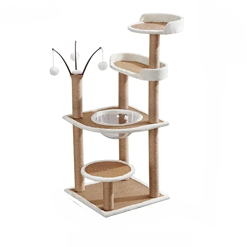 4 Layer Wooden Cat Tree HouseRattan Mat Cat Tower With Sisal Rope Cat Scratching Posts