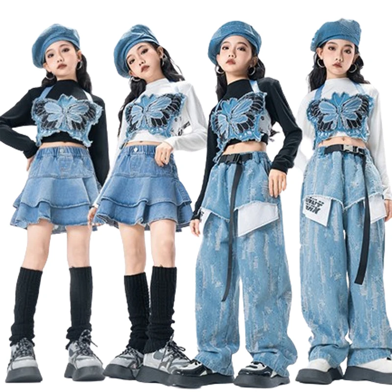 Kids Hip Hop Clothing Denim Blue Butterfly Crop Tank Patch Ripped Jeans Pants Skirt for Girls Jazz Dance Costumes Clothes