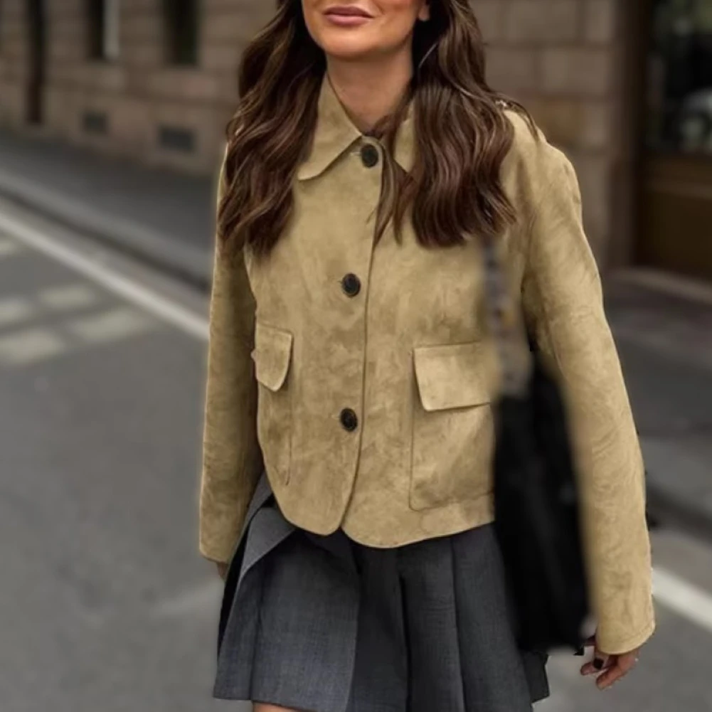 Loose Short Jacket for Women Featuring Lapel Collar Wooden Buttons Regular Length Solid Color Autumn Winter Wear