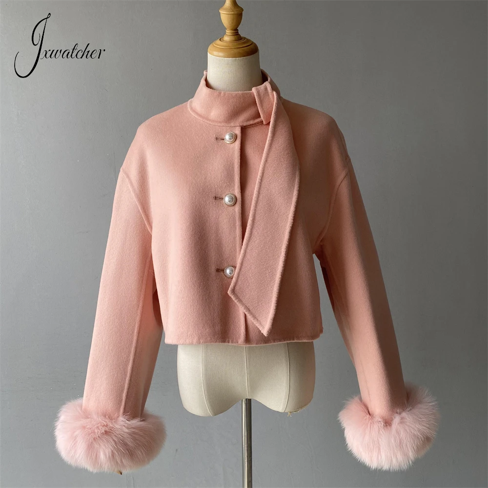 Jxwatcher Wool Coats with Real Fur 2024 Autumn Elegant Woman Coat Ladies Fashion Double Face Cashmere Jacket Solid Color Female