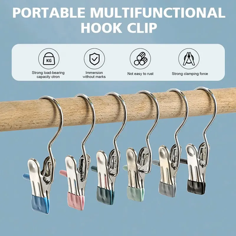 Stainless Steel Clothespins Laundry Clothes Pegs with Hook Pants Hanger Portable Hanging Clothes Clips Closet Clothes Organizer