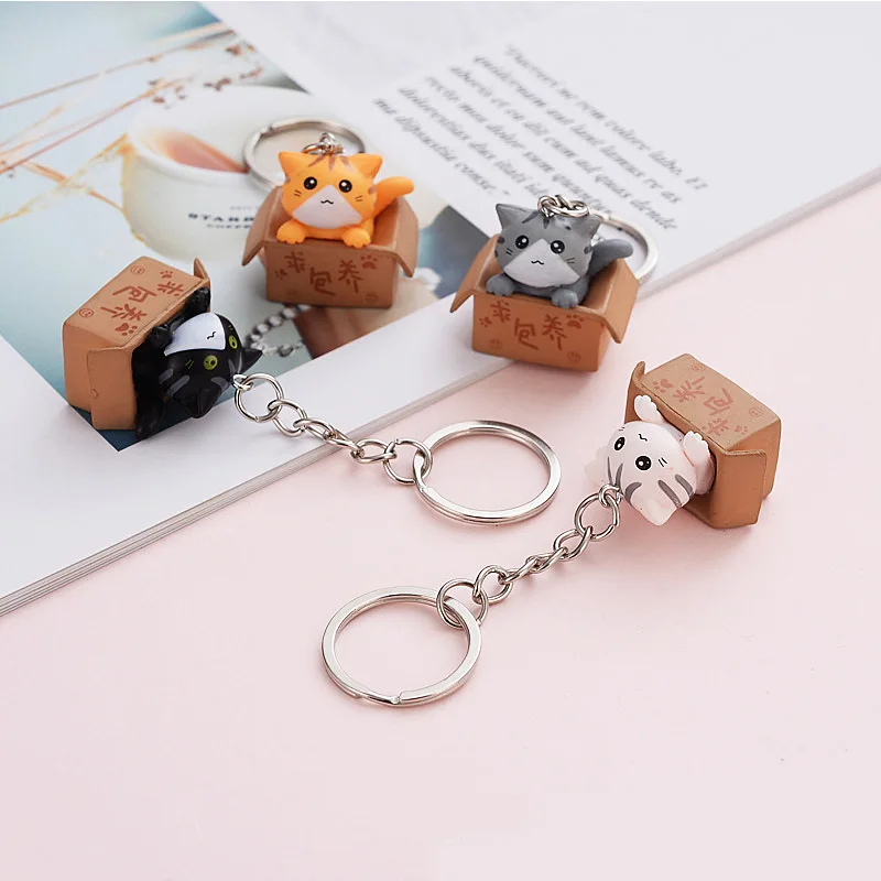 Creative Cat Box Keychain for Couple Cute Cartoon Kitten Animal Key Ring Funny Design Bag Pendant Kids Girls Birthday Gift