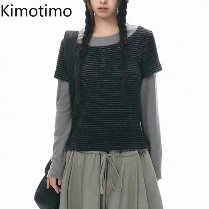 Kimotimo Autumn Fake Two Piece Stripe T-shirt Women Vintage Patchwork Long Sleeve Slim Fit Casual Top Y2k Aesthetic Harajuku Tee