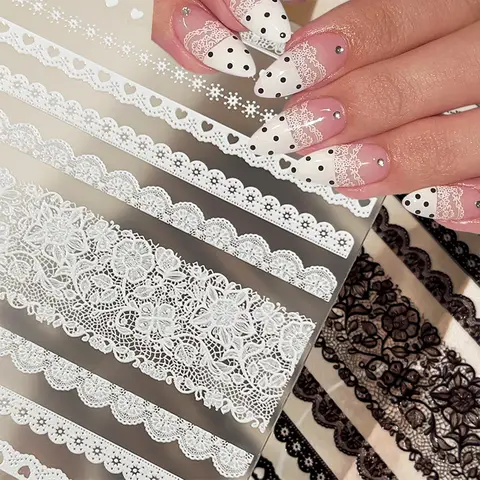 1 pièce Autocollants 5D pour Nail Art en dentelle à motif quadrillé, sexy et mignons, avec cœurs et nœuds en relief noir et blanc, pour manucure élégante et décorations DIY