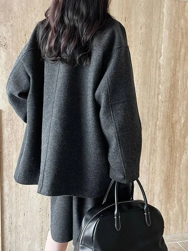 Tlxt elegante feminino lã trench lapela único breasted contraste cor emendado manga longa grosso quente jaquetas feminino inverno novo