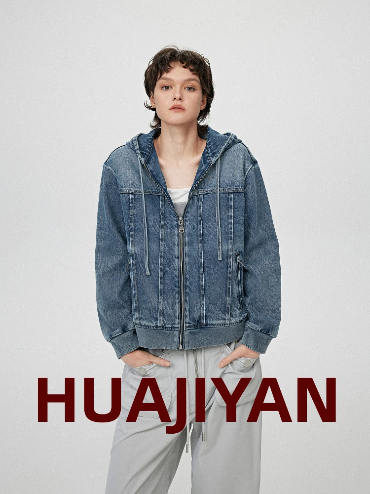 

Женская джинсовая куртка Hua Ji Yan Island с капюшоном, эффектом выцветания и винтажным видом, из смесового хлопка, весна-лето