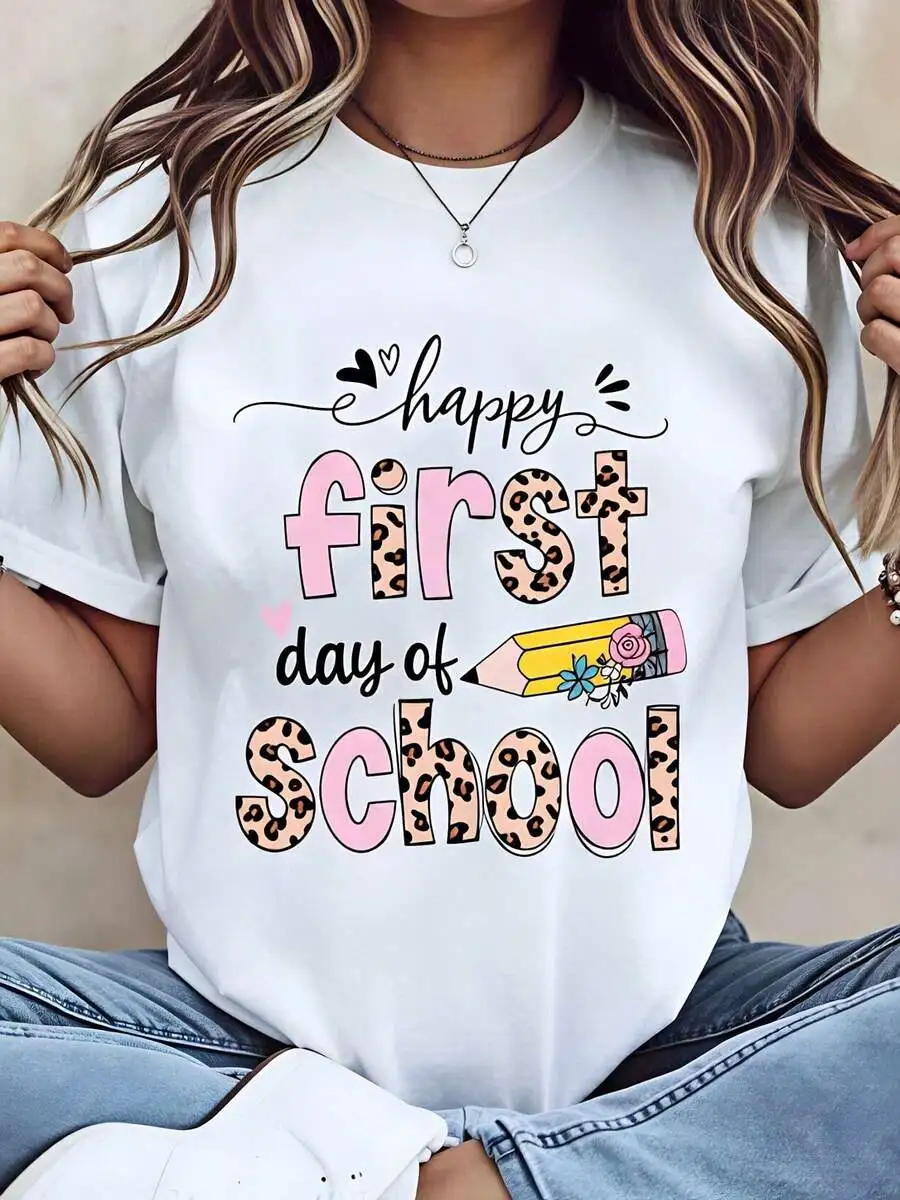 Women's Happy First Day Of School Leopard Print And Pencil Design Back To School Season Teachers Graphic Print T‑Shirt Crew Neck Short Sleeve Casual Tee Top