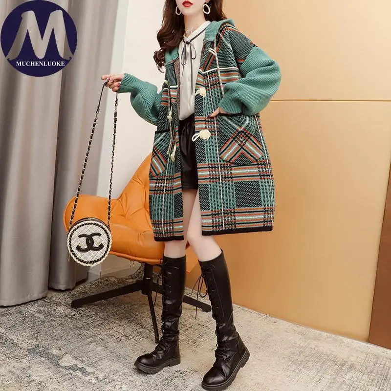 

Cardigan for Women Autumn Winter New Grid Pattern Hooded Knitted Sweater Coats Korean Fashion Casual Loose Mid-length Cardigan